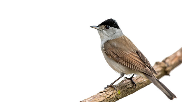 Small wild songbird perched blackcap sylvia atricapilla male on a wooden branch isolated on transparent background