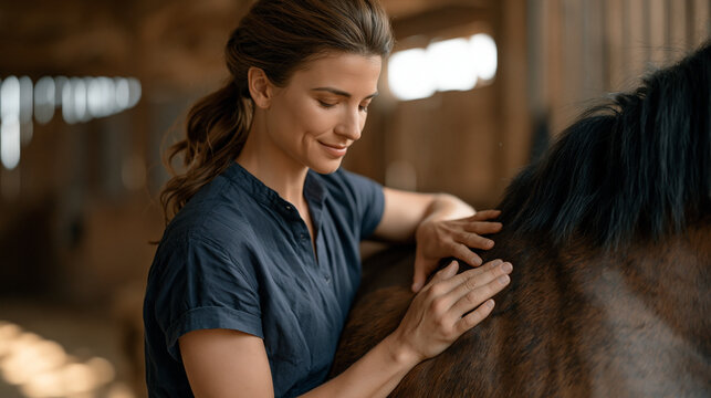 equine physiotherapist working along the hindquarters of a horse in an open stable, hands applying pressure with a focused expression, animal sports medicine, veterinary wellness,