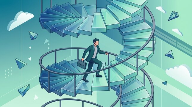 Isometric illustration of a businessman climbing a glass spiral staircase towards clouds, symbolizing career growth and ambition.