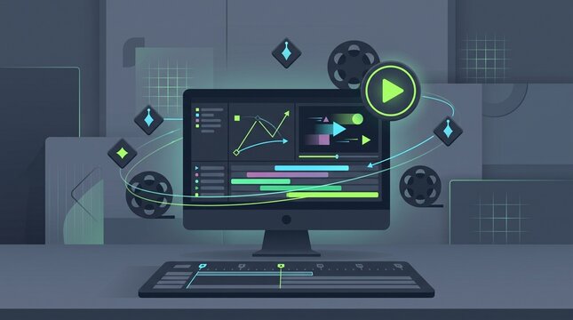 Modern digital workstation featuring motion graphics software on a computer monitor with timeline tools for professional video editing.