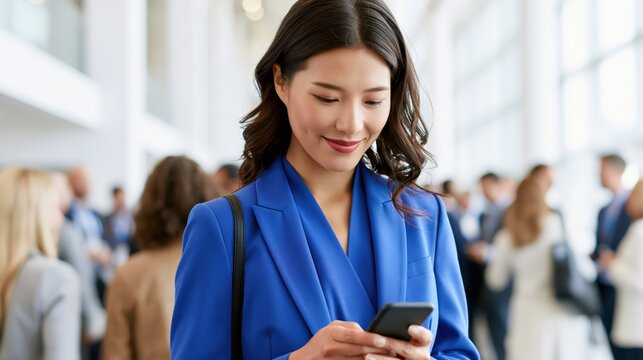 Professional woman in blue blazer using smartphone at a business conference event