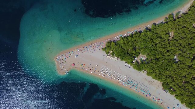 Aerial top down view of zlatni rat beach in bol, croatia