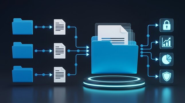 Cloud storage analytics and secure data management network transferring documents between folders visualizing cybersecurity