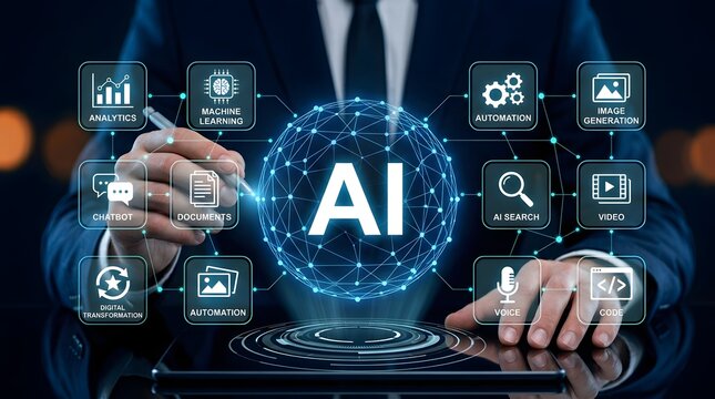 Digital transformation and artificial intelligence global network interface visualizing corporate automation featuring executive businessman