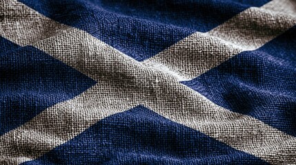 Fototapeta premium Elegent photo of A close-up of a textured blue and white flag featuring a saltire cross. It represents Scottish heritage and national pride for patriotic design themes.