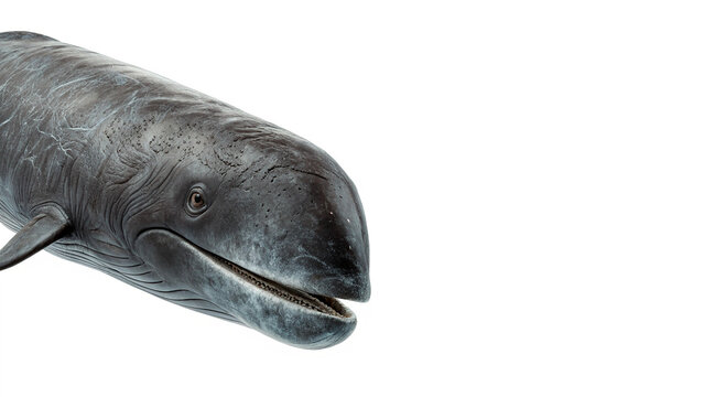 Detailed close up head portrait of a pilot whale isolated on transparent background