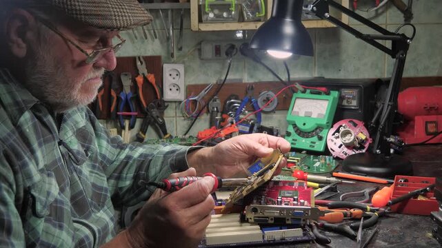 An elderly technician repairs computer equipment in a workshop using measuring instruments and technical tools. Slow motion.