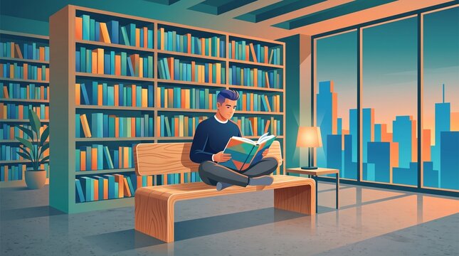 Young man reading book on bench in modern library at sunset with city skyline view for educational and lifestyle marketing.