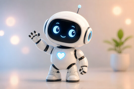 Friendly white 3D robot waving hand hello for AI greeting and customer service concept