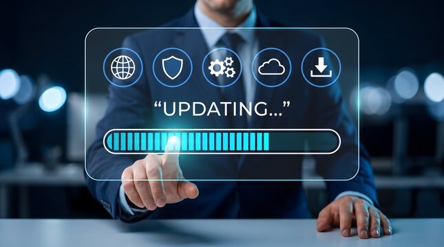System software update interface concept featuring businessman touching futuristic digital progress bar with cloud and security network icons