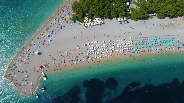 Aerial drone flying over zlatni rat beach in croatia