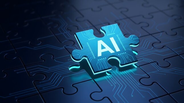 Artificial intelligence integration strategy showing glowing blue puzzle piece with circuit board design fitting into complex network system