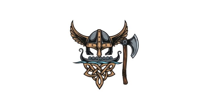 Viking warrior emblem with winged helmet and battle axe