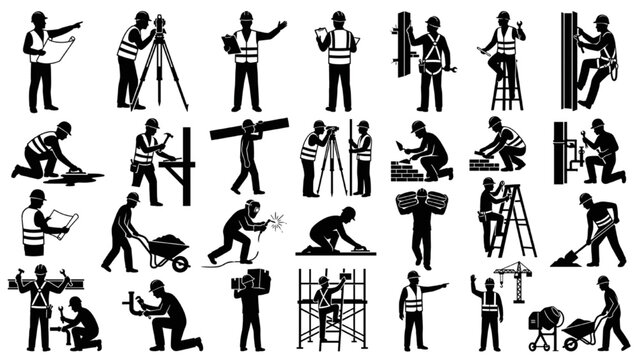 Construction Worker Silhouette Collection with Builder Engineer Tradesman Vector Set
