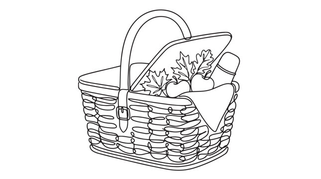 Woven picnic basket line art, traditional wicker hamper with apples and thermos vector, coloring page illustration of summer outing supplies isolated on White Background