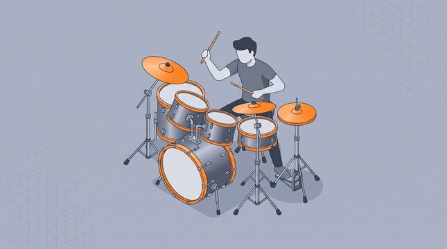 Isometric vector illustration of a musician playing an orange and grey drum kit, ideal for music education, studio branding, or web UI.