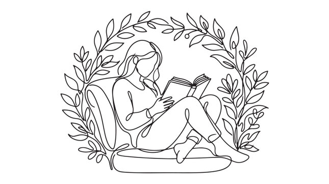 Minimalist continuous line art of woman reading book, elegant female reader in floral wreath frame, aesthetic hand drawn bookworm illustration vector isolated on White Background