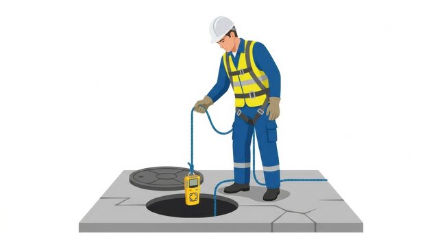 A worker in safety gear is lowering a device into a manhole for inspection in a confined space. This location requires a safety permit for entry.