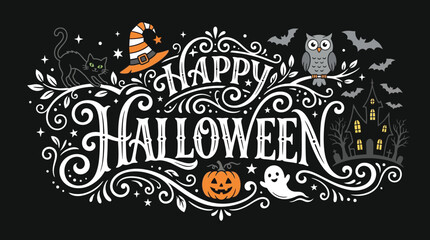 Fototapeta premium Happy halloween day spooky vintage illustration with ghosts cats and pumpkins