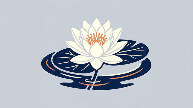 Beautiful white lotus flower floating on dark water lily pads