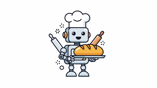 Robot chef holding a tray with bread.
