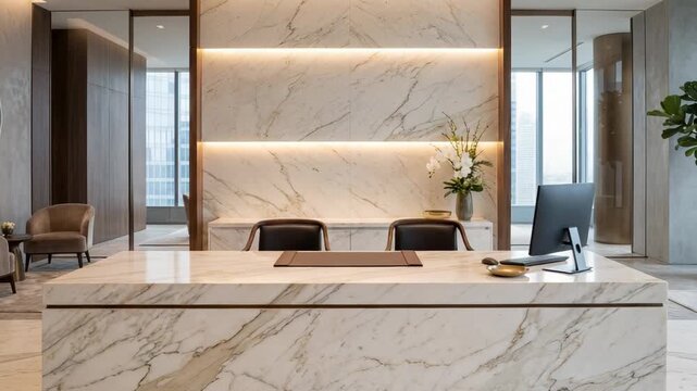 A reception area in an office building features a marble front desk with a computer, two chairs, and decorative plants. Large windows show city views