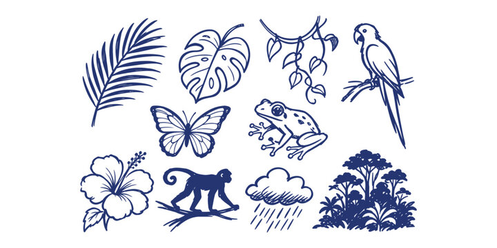 tropical rainforest jungle landscape element collection hand drawn doodle icon set vector illustration