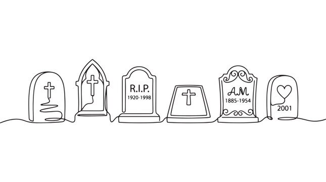 Minimalist continuous line art of cemetery tombstones, set of 6 gravestone icons with RIP and cross symbols, mourning and funeral vector illustration isolated on White Background
