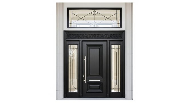 Elegant black front door with glass sidelights and transom window featuring modern metal handle in white architectural setting.