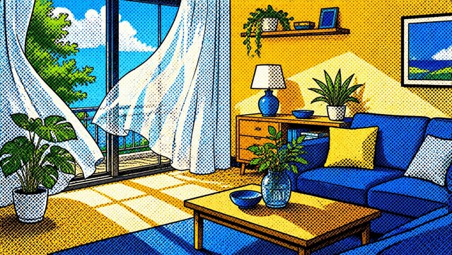 夏の午後、明るい日差しと風が心地よいリビングルームのアメコミ風イラスト