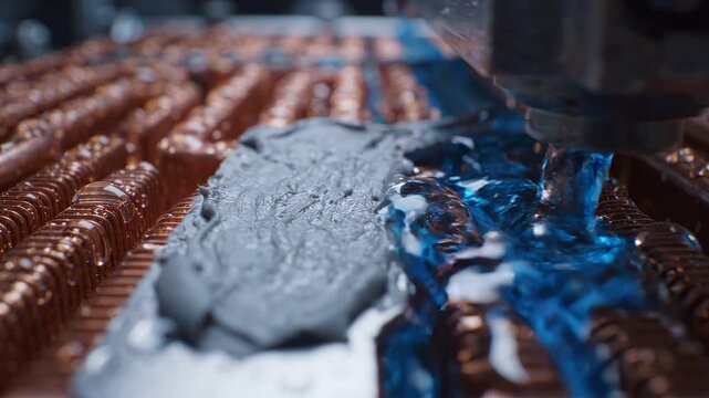 Close-up view of copper coils in a manufacturing process as blue liquid flows over gray material, showcasing the intricate details of industrial machinery in action