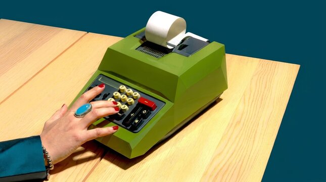 woman's hand using vintage green adding machine on wooden desk.