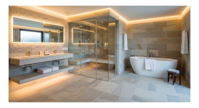 Luxury master bathroom interior with double stone vanity and freestanding white bathtub featuring glass walk in shower design.