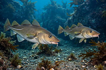 Fototapeta premium Atlantic Cod Fish Swimming Together Over Sandy Seabed Underwater Habitat