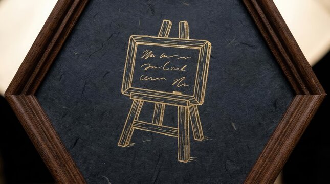 Easle drawing on chalkboard in wooden frame.