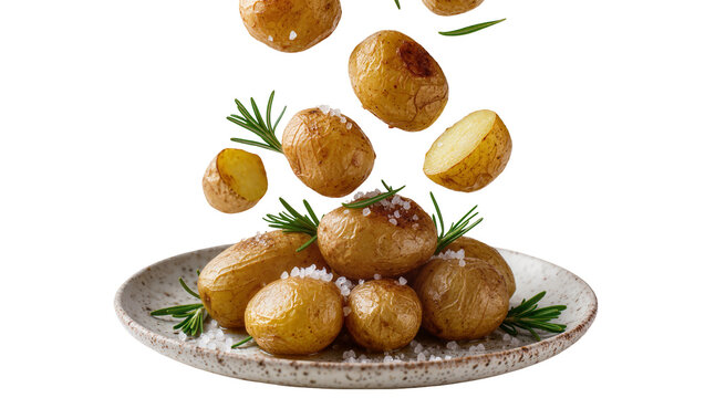 Isolated delicious roasted potatoes falling onto a rustic plate with fresh rosemary and sea salt