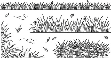 Lawn Grass Seamless Border and Corner Line Art Vector Set with Tufts Clover Flowers Wind Swirls and Ladybug Details for Garden Layouts © MstJasmin