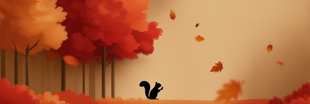 Warm autumnal forest landscape, black squirrel silhouette, drifting orange maple leaves, Thanksgiving,textured papercut red autumn trees, seasonal decorative banner asset for harvest and fall theme