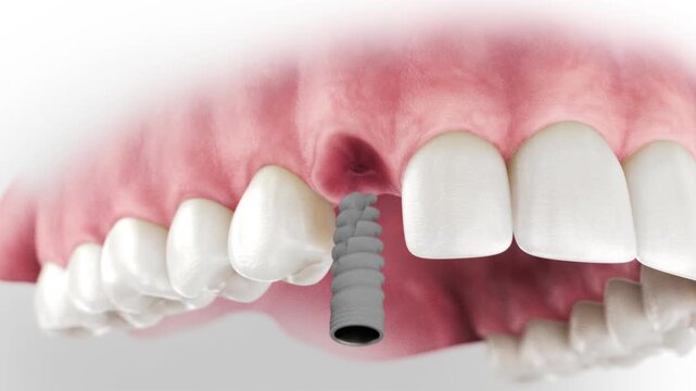 3D visualization of a dental implant: a two-piece screw-retained crown where the abutment is connected and then the screw connects the crown to the abutment.