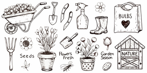 Gardening Tools And Floral Elements Hand Drawn Vector Illustration © NaderAli