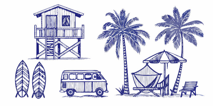 Beach Scene Illustration Collection Monochrome Sketch Style