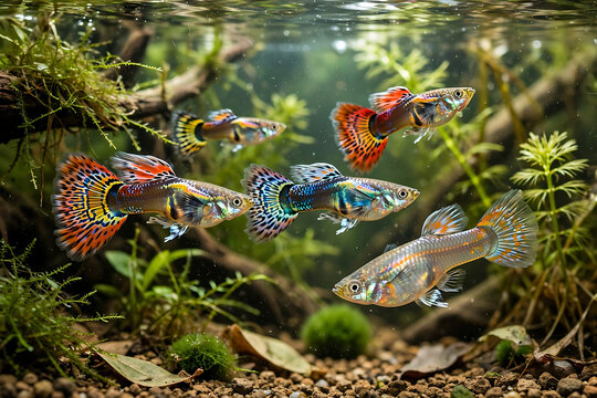 Colorful Guppy Fish Swimming Together In Freshwater Planted Aquarium Tank