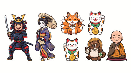 Naklejka premium Japanese Folklore and Culture Cute Cartoon Character Mascot Vector Set