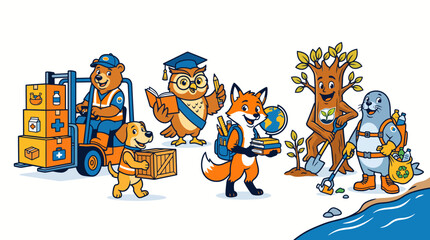 Fototapeta premium Cute cartoon animal mascots working and studying vector illustration