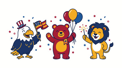 Naklejka premium Diverse Cartoon Animal Mascots Celebrating with Patriotic Flag, Balloons, and Sparkler