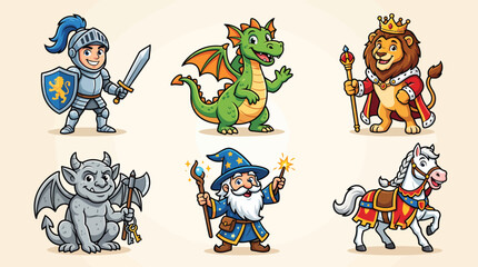 Fototapeta premium Enchanting Cartoon Fantasy Characters Set Knights, Dragons, Wizards, and Beasts