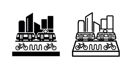 Obraz premium Sustainable urban transport icon set with city skyline tram and bicycles