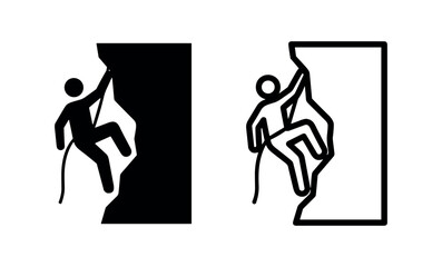 Rock climber with rope silhouette and outline icons scaling rock cliff © liubomir118809