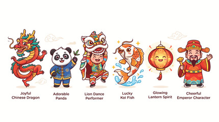Fototapeta premium Festive Chinese New Year Celebration Elements With Cute Traditional Characters