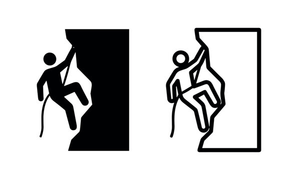 Rock climber with rope silhouette and outline icons scaling rock cliff